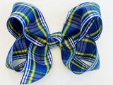 girls school plaid hair bow in royal blue, green, white, and yellow