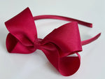 big girls headbands, hard headbands, lined headbands with bows, back to school headbands, headbands with bows for girls, school headbands, bow headbands u shaped plastic band, grosgrain ribbon bow headbands toddlers big girls 4” 4 inch big large bow, cranberry, crimson, dark red, wine, christmas