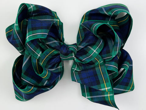 school plaid hair bow in navy blue dark green yellow and white