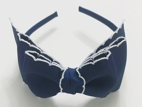 big girls headbands, hard headbands, lined headbands with bows, back to school headbands, headbands with bows for girls, school headbands, bow headbands u shaped plastic band, grosgrain ribbon bow headbands toddlers big girls, navy blue moonstitch moon stitch