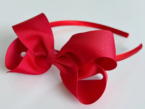 big girls headbands, hard headbands, lined headbands with bows, back to school headbands, headbands with bows for girls, school headbands, bow headbands u shaped plastic band, grosgrain ribbon bow headbands toddlers big girls 4” 4 inch big large bow, red, christmas